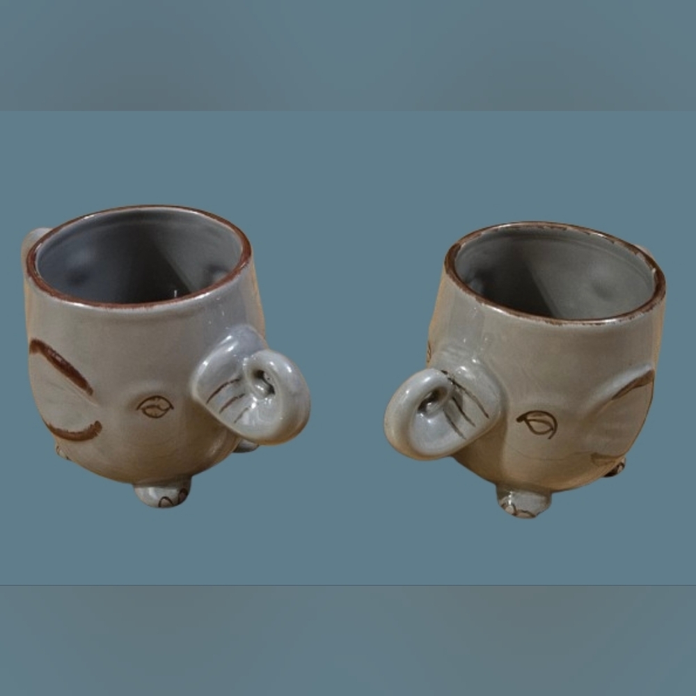 World Market Set of 2 Gray Textured 3D Hand Painted Ceramic Elephant Mugs